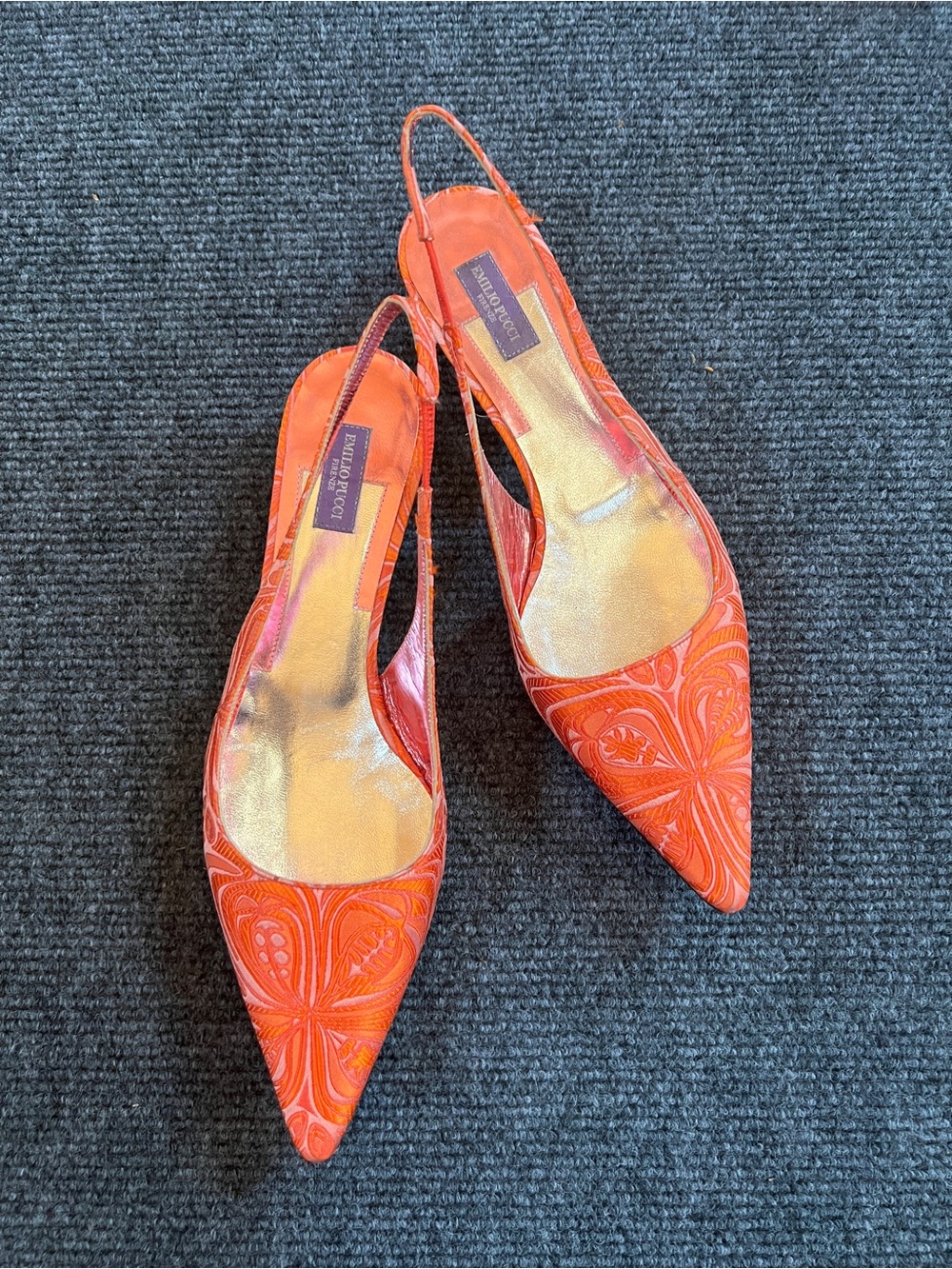 Emilio Pucci Orange Printed Pointed Slingbacks nwt size 7.5